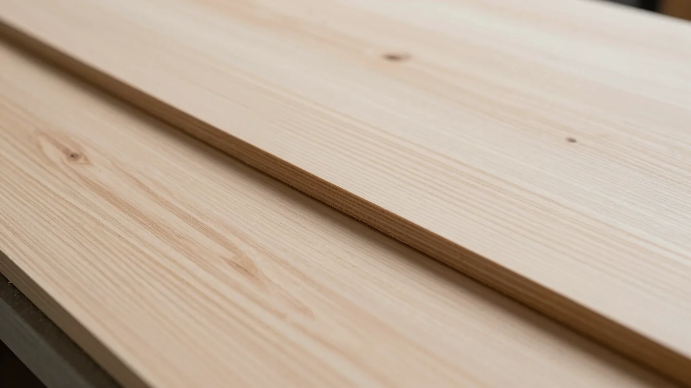 Close-up of sliced veneer sheets with visible natural wood grain, soft directional daylight, editorial industrial photog