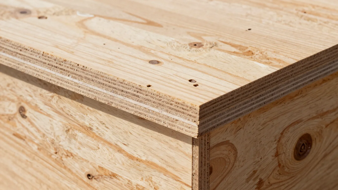 Straight-on view of plywood board edges showing layered veneer plies, soft directional daylight, crisp material detail,