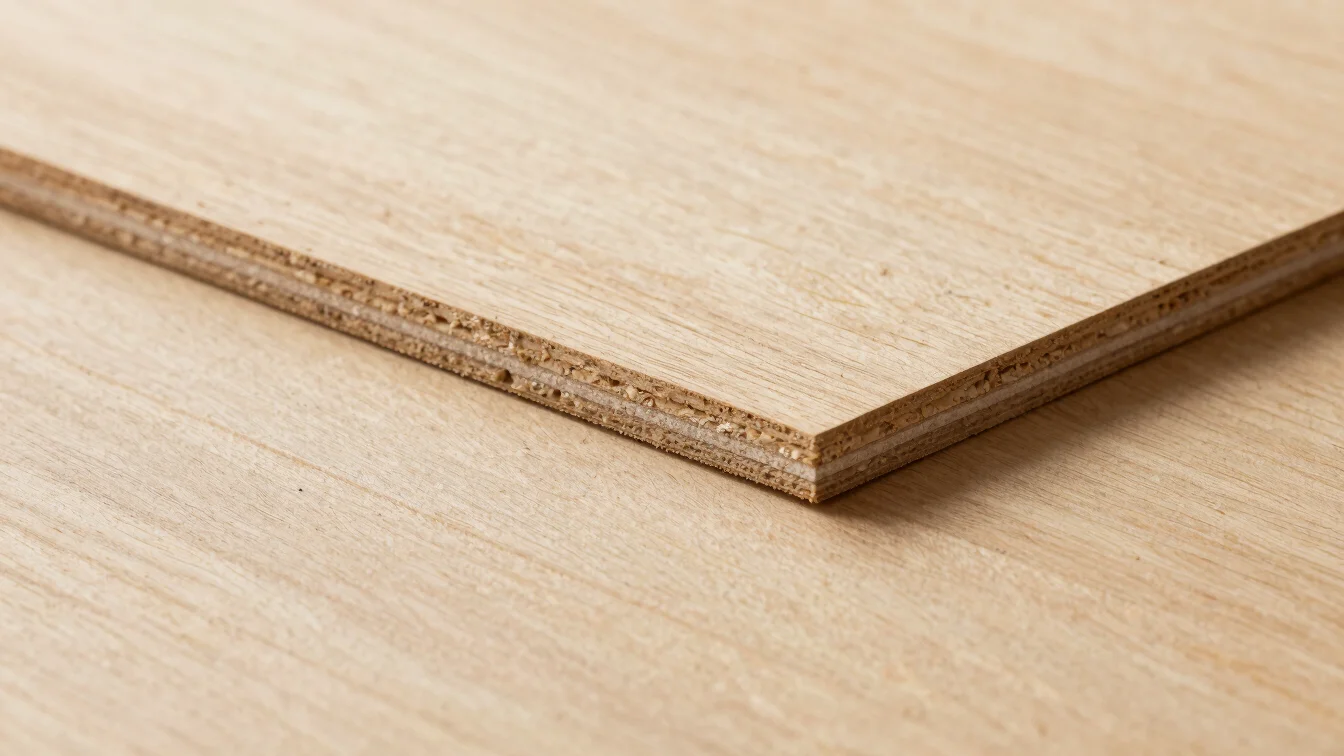 Close-up texture study of pressed particle board core with clean edges, soft directional daylight, natural wood tones, 5