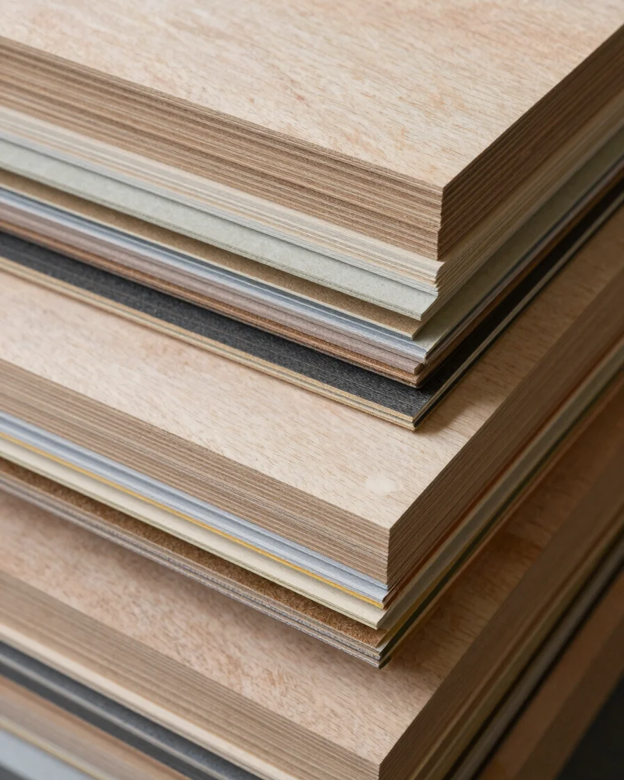 Orderly stack of different sheet materials showing panel edges and surface grades, overhead straight-on arrangement, sof