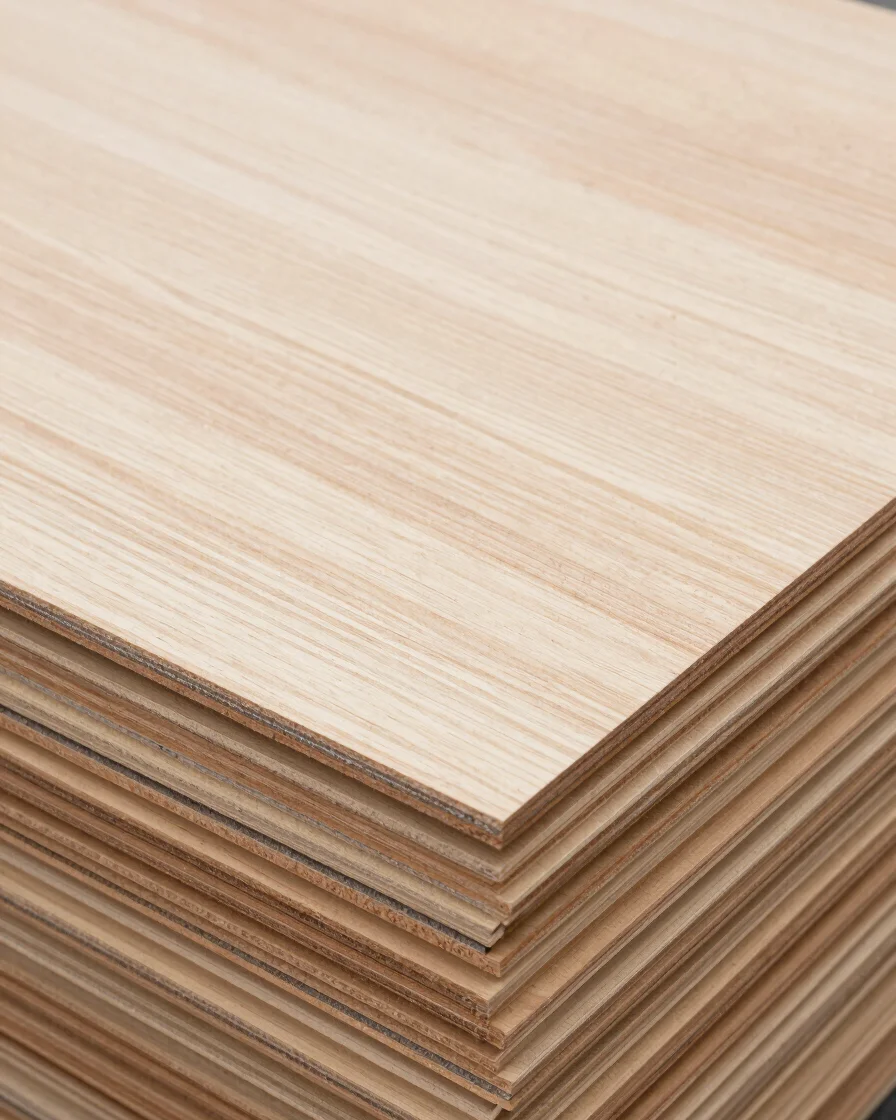 Close overhead view of stacked engineered panels with visible edge layers and natural wood grain, soft directional dayli