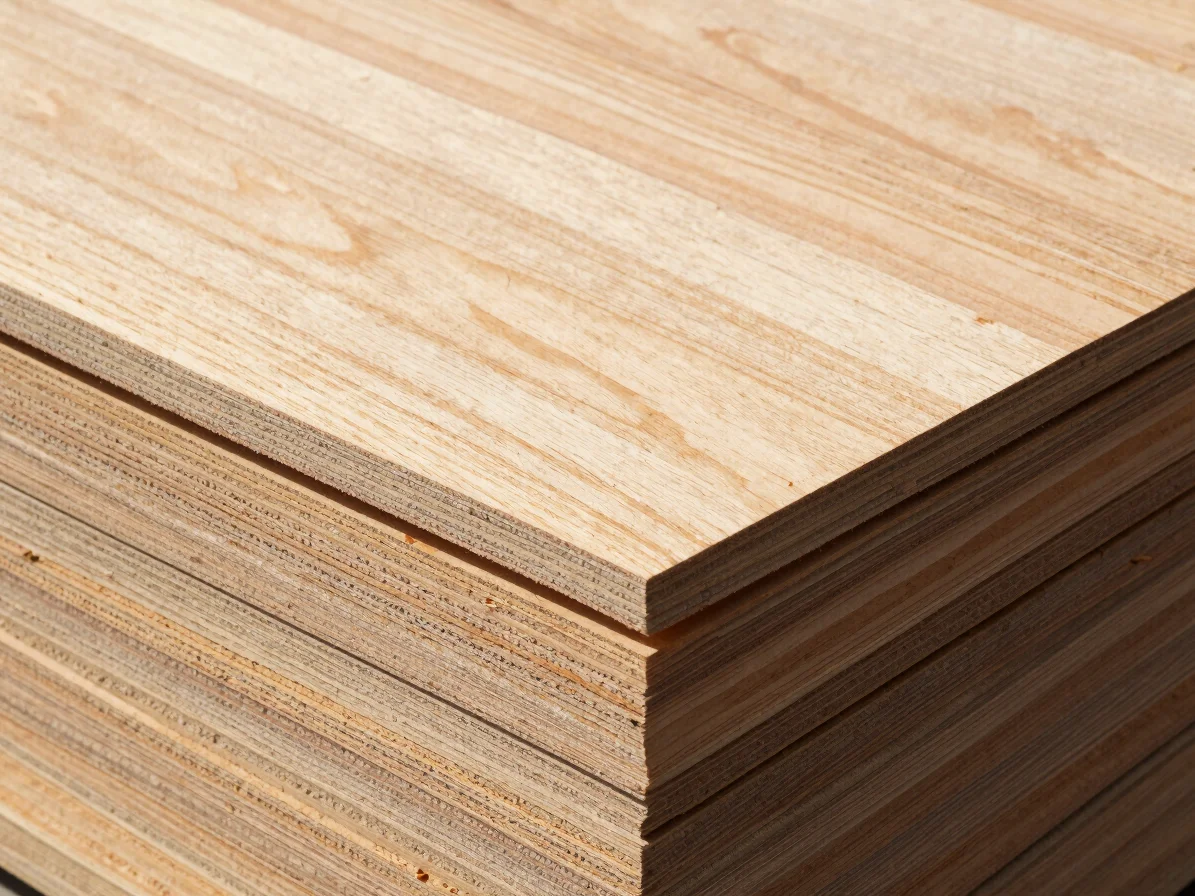 Overhead arrangement of stacked plywood sheets showing layered edges and ply lines, soft directional daylight, controlle