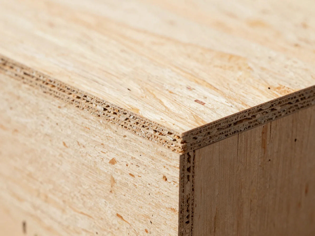 Close-up of particle board edge showing compressed wood particle texture, soft directional daylight, crisp material deta