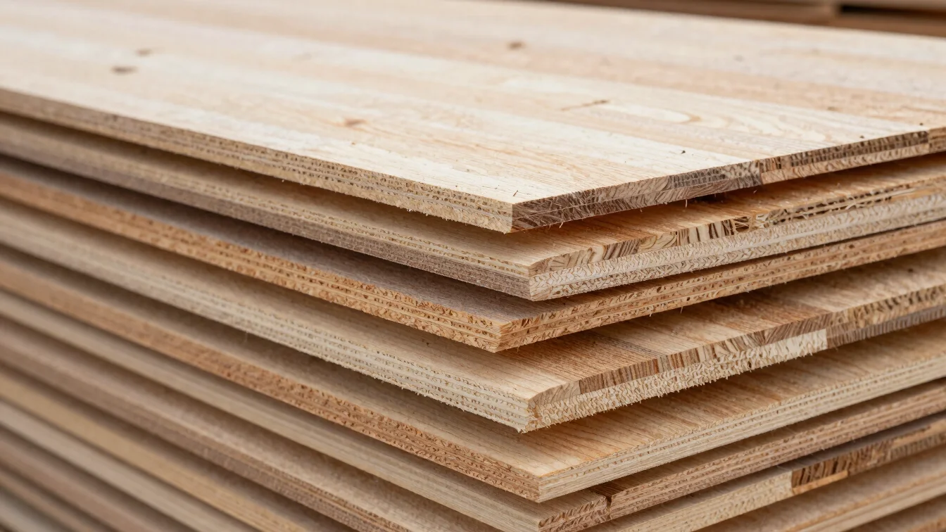 Close straight-on study of multi-ply plywood edge grain and an orderly stack of board layers, soft directional daylight