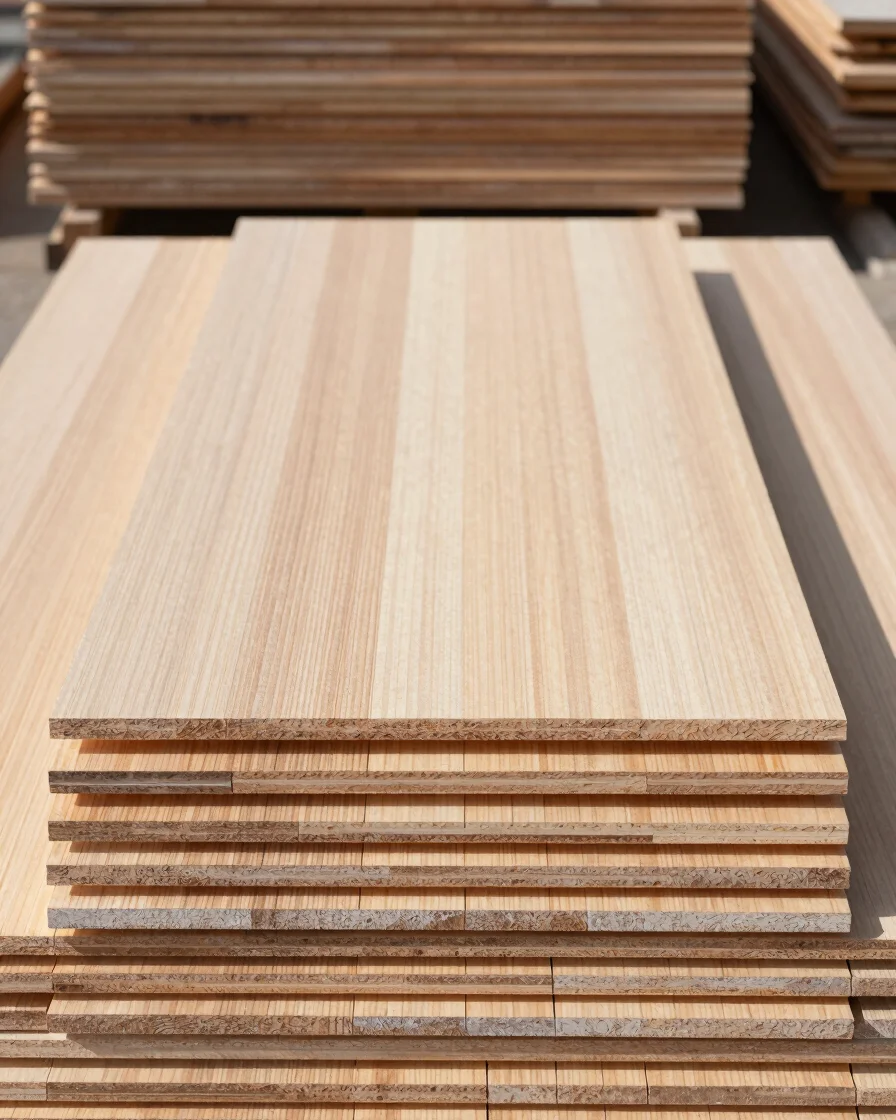 Close, straight-on view of sliced veneer sheets showing natural wood grain and clean panel edges, soft directional dayli